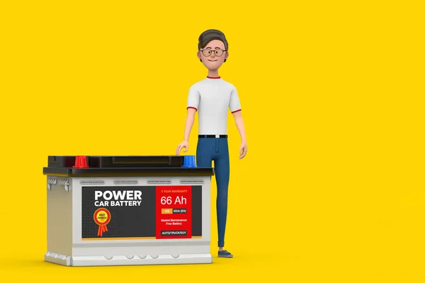 Cartoon Character Person Man and Rechargeable Car Battery 12V Accumulator with Abstract Label on a yellow background. 3d Rendering