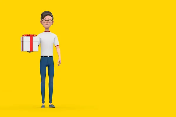 Cartoon Character Person Man and Gift Box with Red Ribbon on a yellow background. 3d Rendering