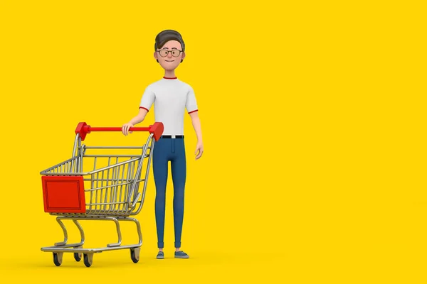 Cartoon Character Person Man with Shopping Cart Trolley on a yellow background. 3d Rendering