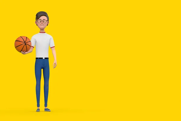 Cartoon Character Person Man with Basketball Ball on a yellow background. 3d Rendering