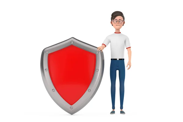 Tecknad Karaktär Person Man Med Red Metal Protection Shield Vit — Stockfoto