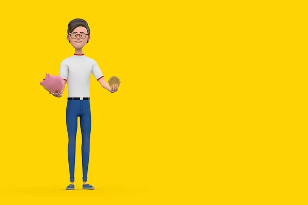 Cartoon Character Person Man with Piggy Bank and Golden Dollar Coin on a yellow background. 3d Rendering