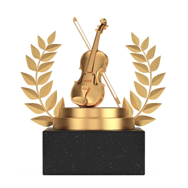 Premio Vincitore Cubo Oro Corona Podio Palcoscenico Piedistallo Con Violino — Foto Stock
