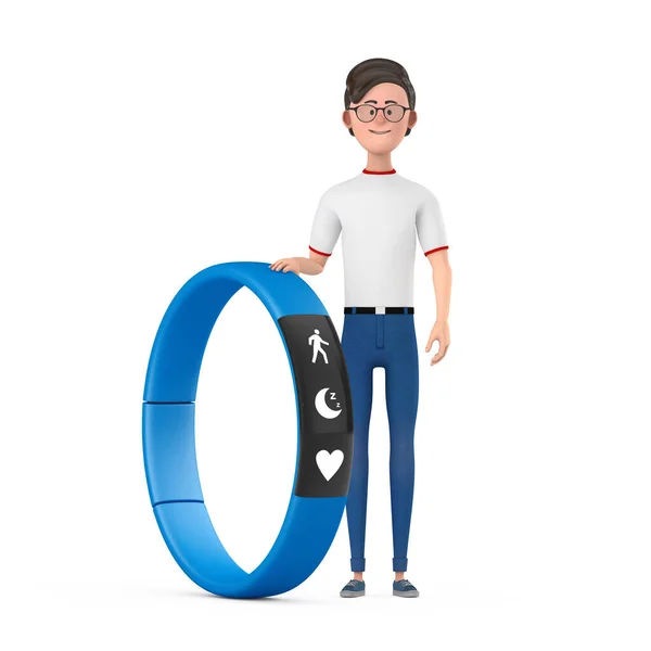 캐릭터 Cartoon Character Person 배경에 트래커 Blue Fitness Tracker 렌더링 — 스톡 사진