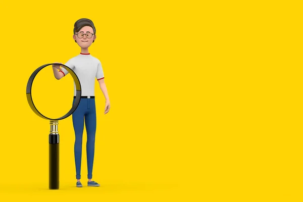 Cartoon Character Person Man with Magnifying Glass on a yellow background. 3d Rendering