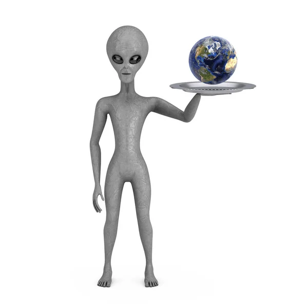 Blue Earth Globe Planet Scary Gray Humanoid Alien Hand Tray — Stock Photo, Image