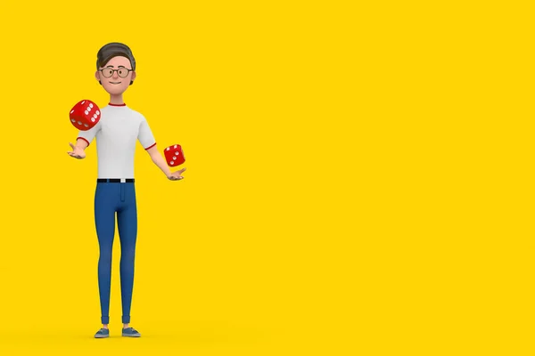 Personagem Desenhos Animados Homem Pessoa Com Red Game Dice Cubes — Fotografia de Stock
