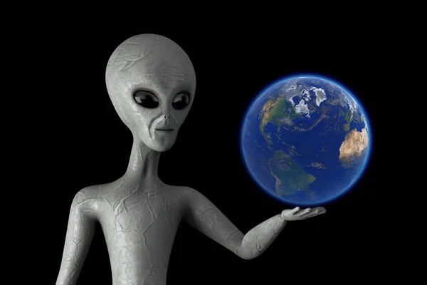 Blue Earth Globe Planet Scary Gray Humanoid Alien Hand Black — Stock Photo, Image