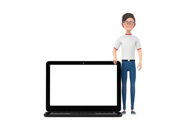 Caráter Dos Desenhos Animados Homem Pessoa Com Computador Portátil Moderno — Fotografia de Stock