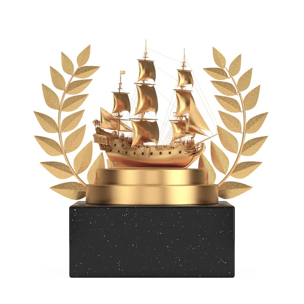 Winner Award Cube Gold Laurel Wreath Podium Stage Pedestal Golden — Stock Photo, Image