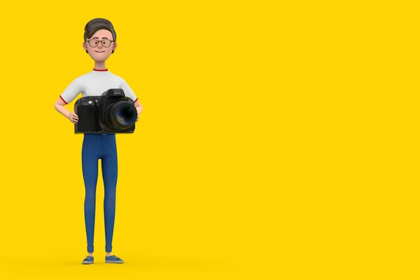 Cartoon Character Person Man with Modern Digital Photo Camera on a yellow background. 3d Rendering