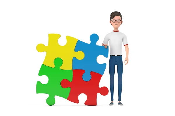 Cartoon Character Person Man Four Pieces Colorful Jigsaw Puzzle White — Stock Photo, Image