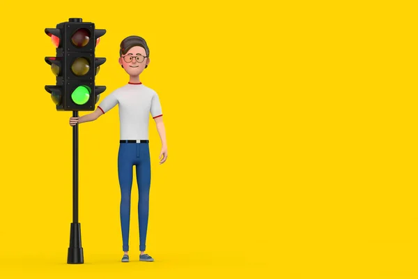 Desenhos Animados Personagem Pessoa Homem Com Semáforo Verde Sobre Fundo — Fotografia de Stock