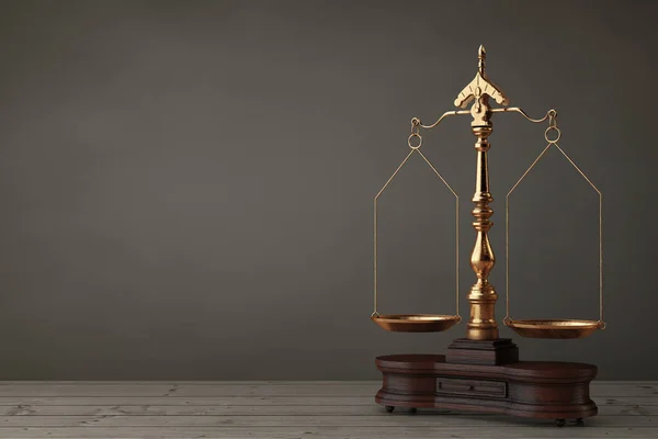 Old Justice Golden Weigh Scales Balance Two Arms Wooden Table — Stockfoto