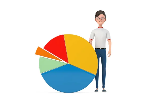 Cartoon Character Person Man with Info Graphics Business Pie Chart on a white background. 3d Rendering