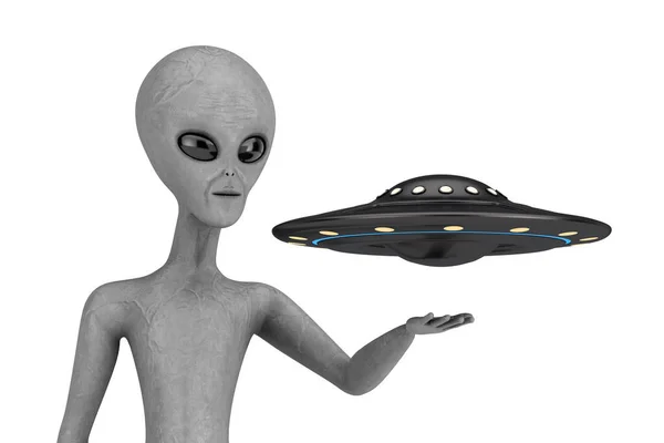 Alien UFO Spaceship or Flying Saucer over Scary Gray Humanoid Alien Hand on a white background. 3d Rendering