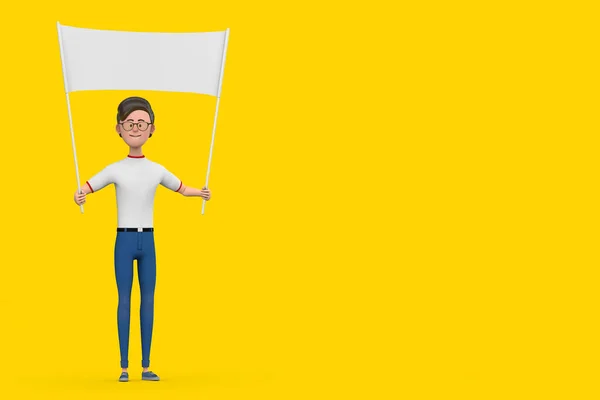 Cartoon Character Person Man and Empty White Blank Banner with Free Space for Your Design on a yellow background. 3d Rendering