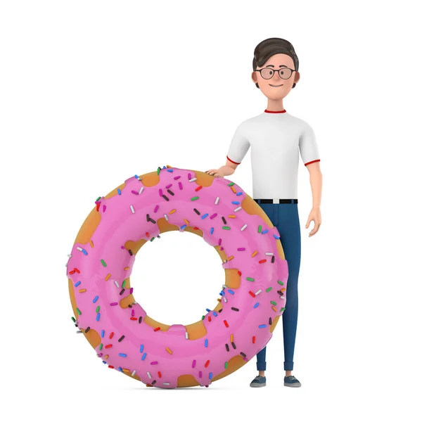 Cartoon Character Person Man with Big Strawberry Pink Glazed Donut on a white background. 3d Rendering