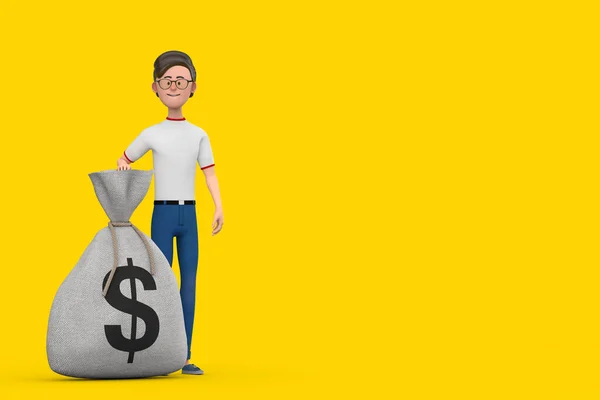 Cartoon Character Person Man and Tied Rustic Canvas Linen Money Sack or Money Bag with Dollar Sign on a yellow background. 3d Rendering