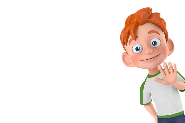 向卡通片 小男孩 中的人物吉祥物致敬 手举在白色背景上 3D渲染 — 图库照片