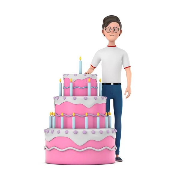 Cartoon Character Person Man with Birthday Cartoon Dessert Tiered Cake and Candles on a white background. 3d Rendering