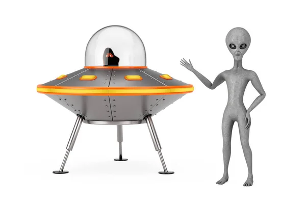 Scary Gray Humanoid Alien Der Nähe Von Cute Spaceship Cartoon — Stockfoto