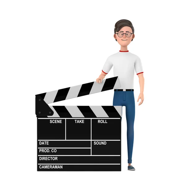 Cartoon Character Person Man Movie Clapper Board Dengan Latar Belakang — Stok Foto
