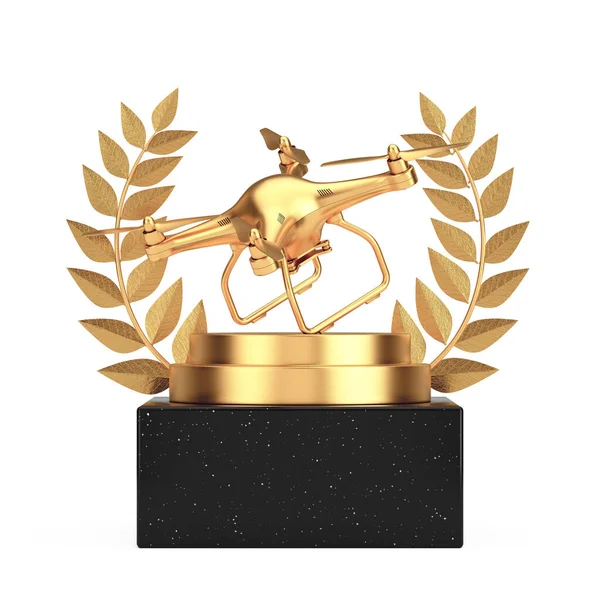Prémio Vencedor Cubo Ouro Laurel Podium Palco Pedestal Com Drone — Fotografia de Stock