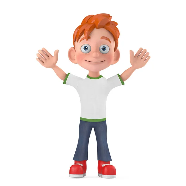Tekenfilm Little Boy Tiener Persoon Karakter Mascotte Met Handen Omhoog — Stockfoto