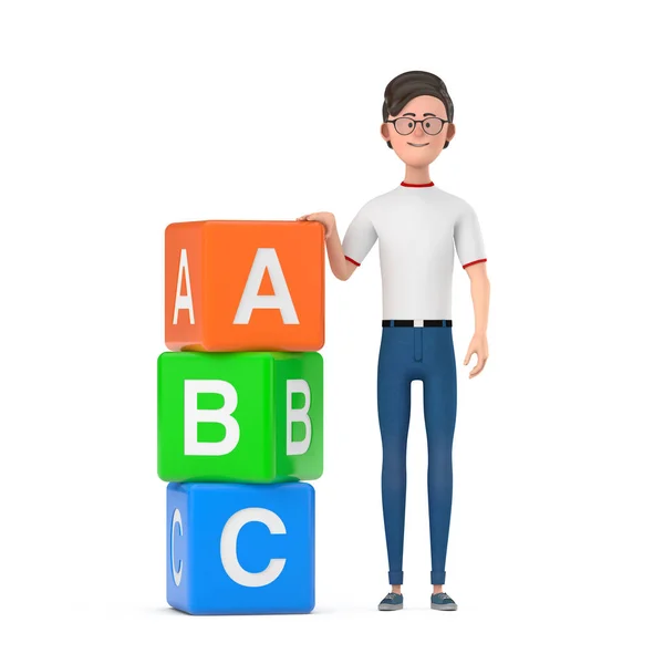 Człowiek Postacią Kreskówek Alfabetem Abc Education Cubes Białym Tle Renderowanie — Zdjęcie stockowe