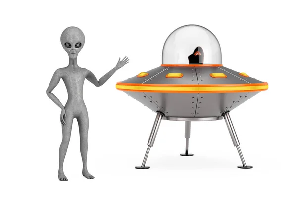 Scary Gray Humanoid Alien Der Nähe Von Cute Spaceship Cartoon — Stockfoto