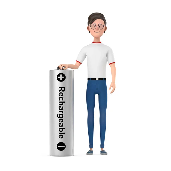 Desenhos Animados Personagem Pessoa Homem Com Bateria Recarregável Fundo Branco — Fotografia de Stock