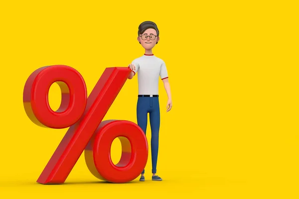 Cartoon Character Person Man with Red Retail Percent Sale or Discount Sign on a yellow background. 3d Rendering