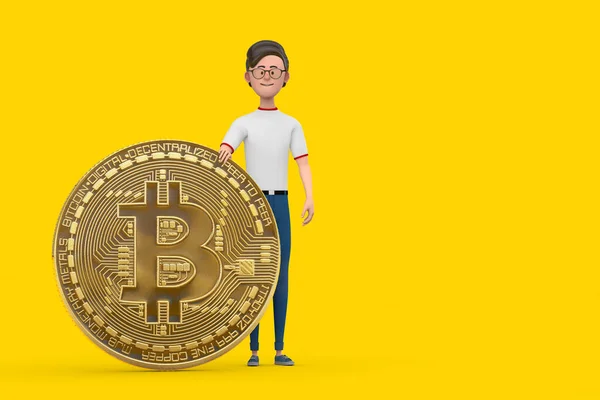 Cartoon Character Person Man  with Digital and Cryptocurrency Golden Bitcoin Coin on a yellow background. 3d Rendering