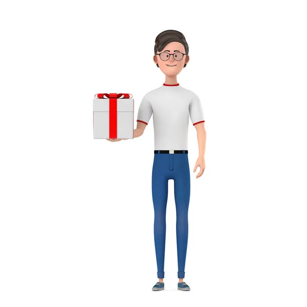 Cartoon Character Person Man and Gift Box with Red Ribbon on a white background. 3d Rendering