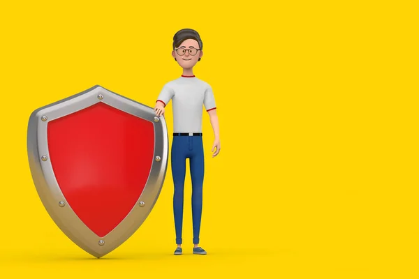 Cartoon Character Person Man Met Red Metal Protection Shield Een — Stockfoto