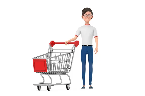 Cartoon Charakter Person Mann Mit Einkaufswagen Auf Weißem Hintergrund Darstellung — Stockfoto