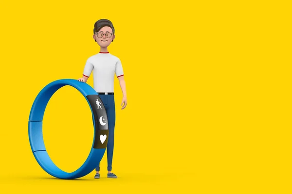 Cartoon Character Person Man with Blue Fitness Tracker on a yellow background. 3d Rendering
