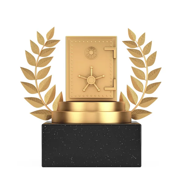 Prêmio Vencedor Cubo Ouro Laurel Wreath Podium Palco Pedestal Com — Fotografia de Stock