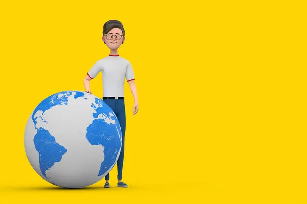 Cartoon Character Person Man with Earth Globe on a yellow background. 3d Rendering