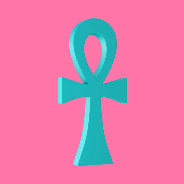 stock image Blue Egyptian Cross Ankh Key of Life in Duotone Style on a pink background. 3d Rendering 