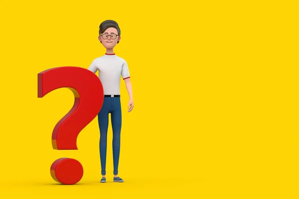 Cartoon Character Person Man with Red Question Mark Sign on a yellow background. 3d Rendering