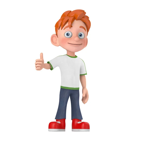 Cartoon Little Boy Teen Person Character Mascot Giving Thumb White — Stockfoto
