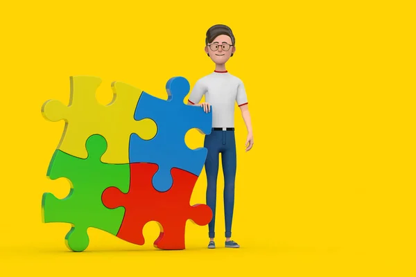 Cartoon Character Person Man with Four Pieces of Colorful Jigsaw Puzzle on a yellow background. 3d Rendering
