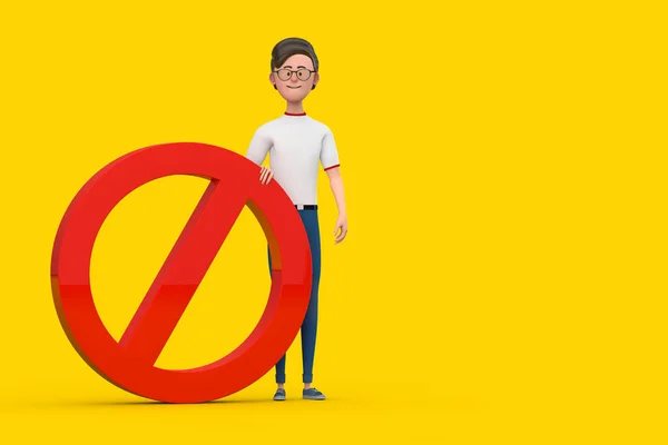 Cartoon Character Person Man with Red Prohibition or Forbidden Sign on a yellow background. 3d Rendering