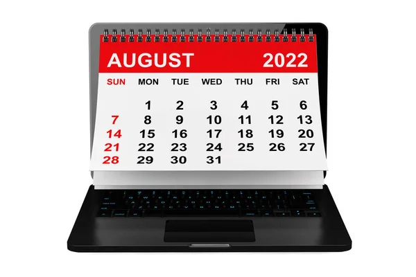 Jahreskalender 2022 Augustkalender Über Laptop Bildschirm Auf Weißem Hintergrund Darstellung — Stockfoto