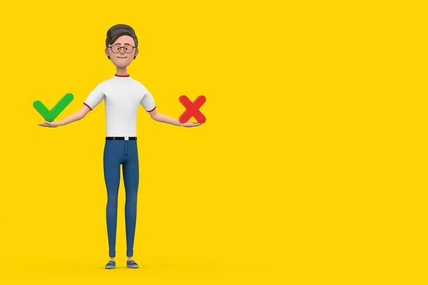 Cartoon Character Person Man with Red Cross and Green Check Mark, Confirm or Deny, Yes or No Icon Sign on a yellow background. 3d Rendering