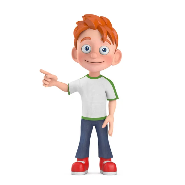 漫画の少年10代の人物キャラクターマスコットは 白い背景にあなたのデザインのための空の場所で指を指します 3Dレンダリング — ストック写真
