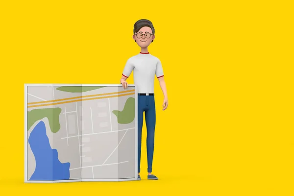 Cartoon Character Person Man with Abstract City Plan Map on a yellow background. 3d Rendering