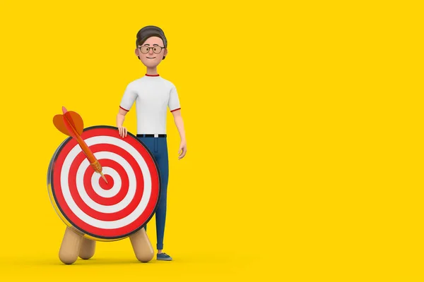 Cartoon Character Person Man with Archery Target and Dart in Center on a yellow background. 3d Rendering